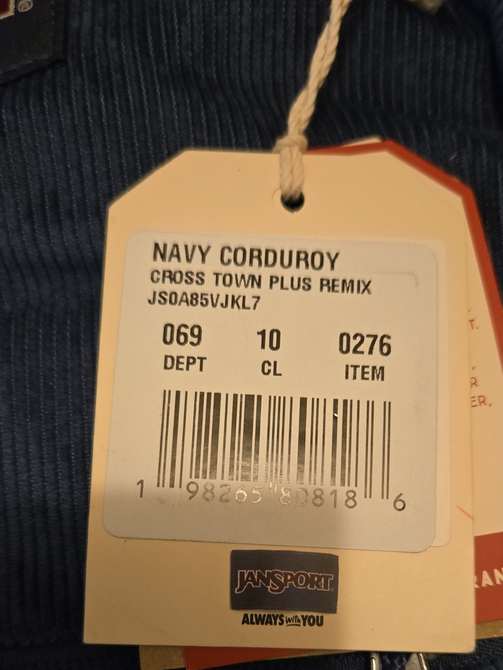 NWT JanSport Cross Town Plus Remix Navy Corduroy Backpack - Blue - Picture 2 of 4